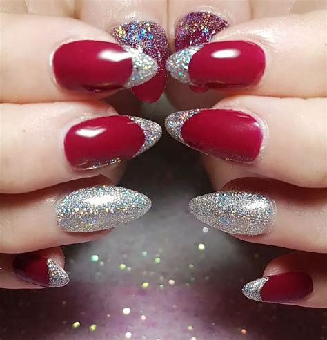 Red Nails With Silver Glitter Tips