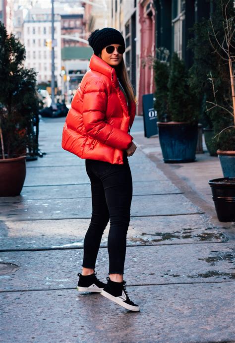 red puffer jacket outfit