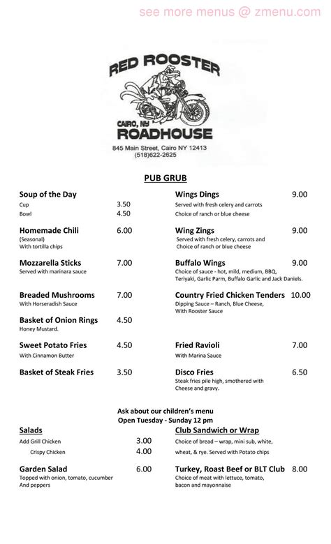 red rooster bar and grill menu