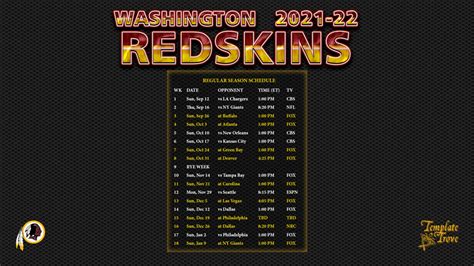 redskins schedule 2021 22