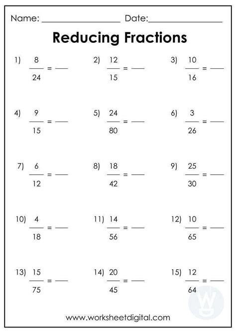 reducing fractions a worksheet printable template