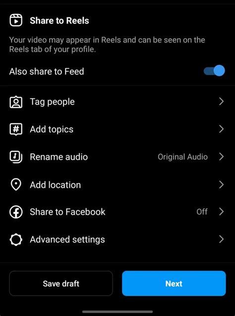 Reels Video Settings