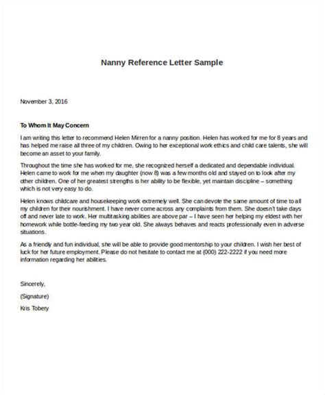 reference letter for a nanny