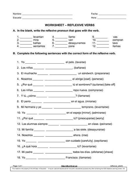 reflexive verbs spanish worksheet answers