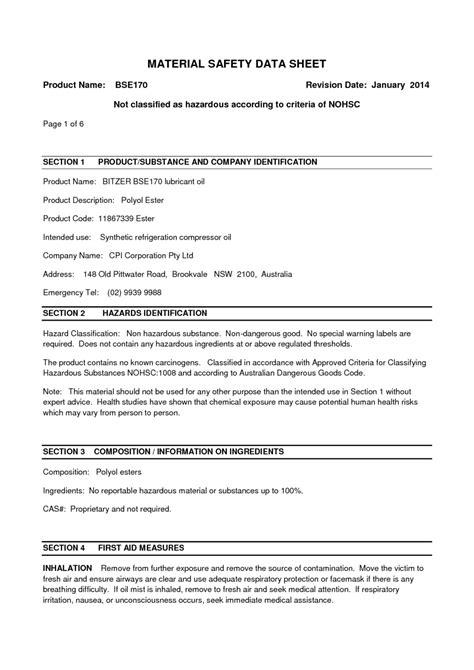 Refrigerant Oil Safety Data Sheet