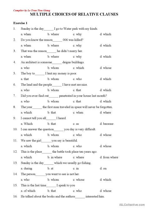 relative clause exercises multiple choice pdf
