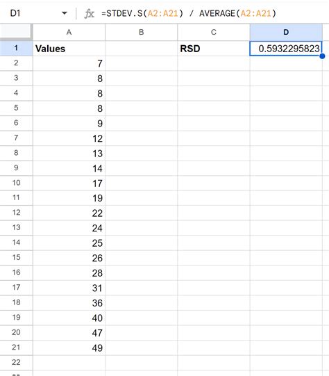 relative standard deviation in google sheets