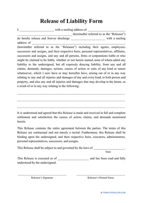 Release Of Liability Form Printable