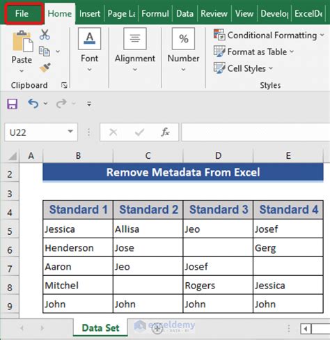 remove all metadata from excel file
