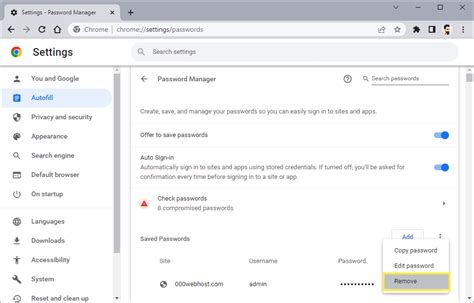 remove autofill passwords