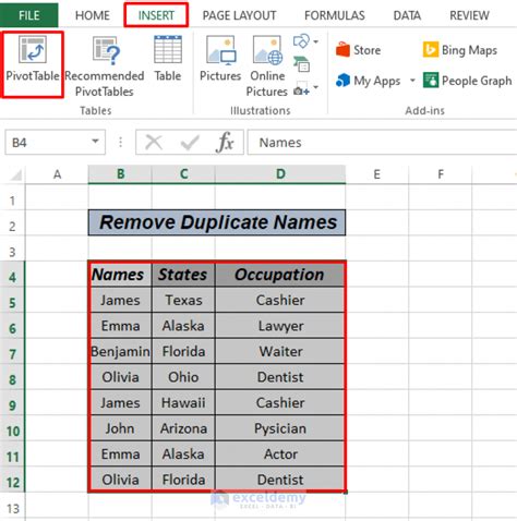 remove duplicate names in excel