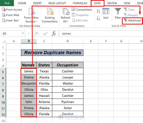 remove duplicate names in excel column