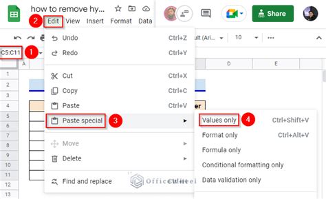 remove hyperlink in google sheets shortcut