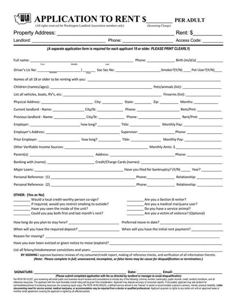 Rent Application Template From Washington State