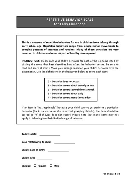 Repetitive Behavior Scale Printable