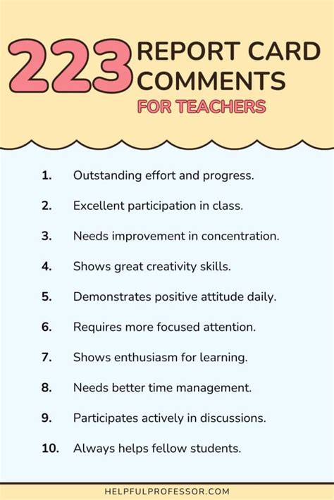 Report Card Comments For Intermediate Students