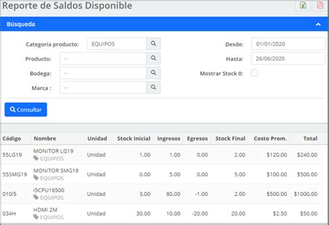 reporte de saldos disponibles