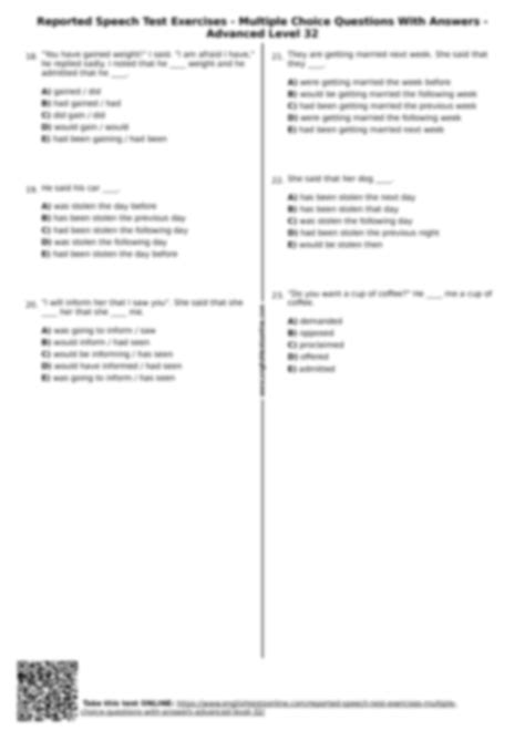 reported speech advanced multiple choice exercises