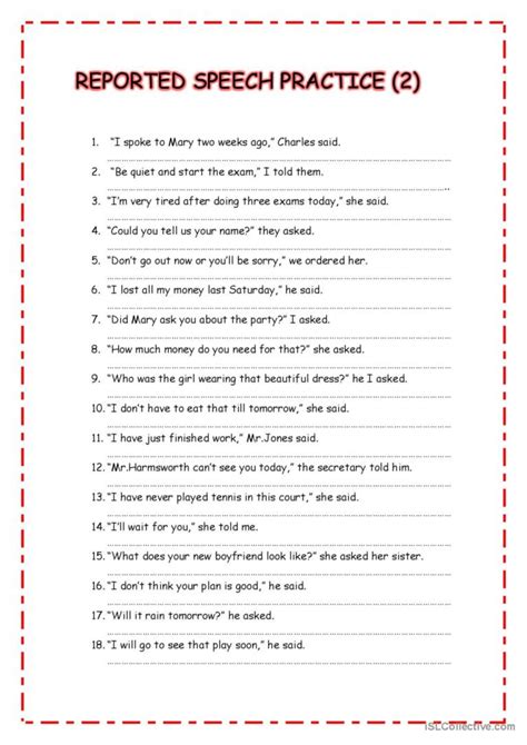 reported speech exercises with answers for class 10