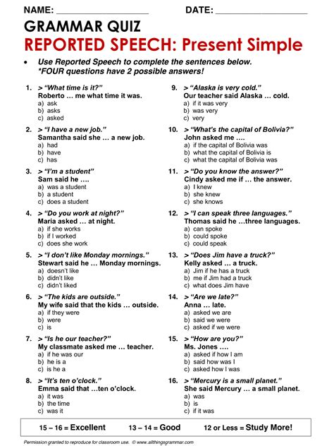 reported speech multiple choice exercises pdf with answers