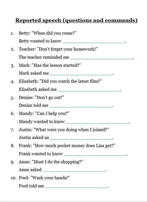 reported speech questions and commands exercises