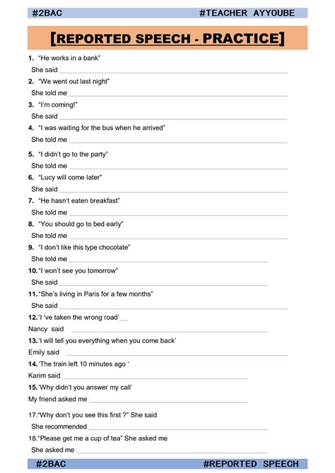 reported speech questions exercises advanced