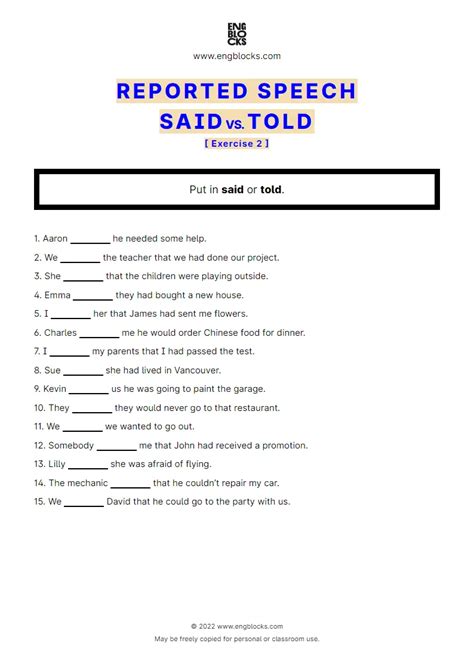 reported speech with said and told exercises
