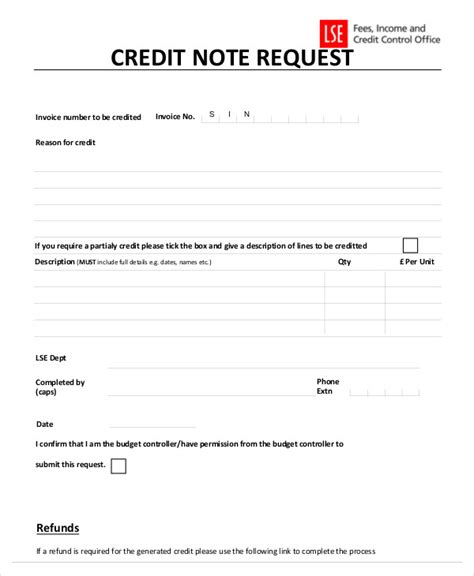 Request For Credit Note Template