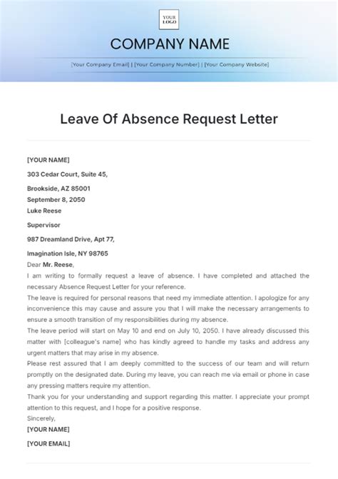 Request For Leave Of Absence Template