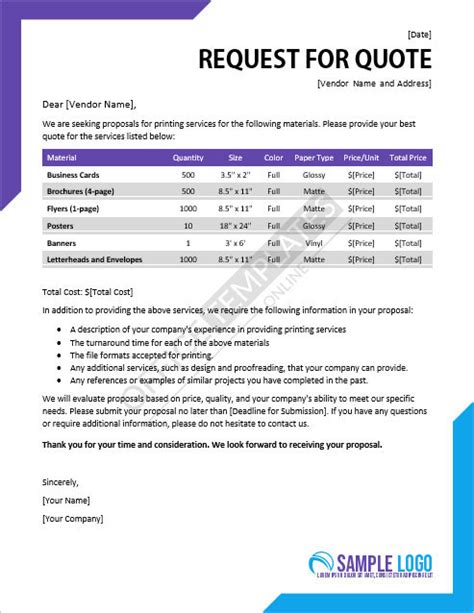 Request For Printing Quote Template
