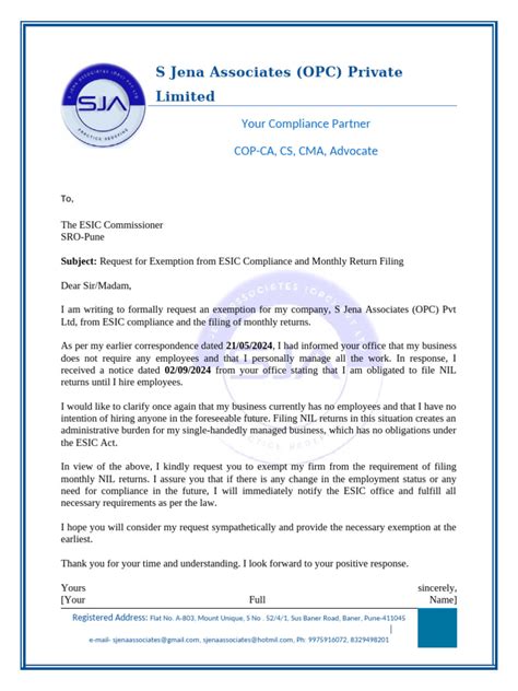 Request Letter Format To Esic Office