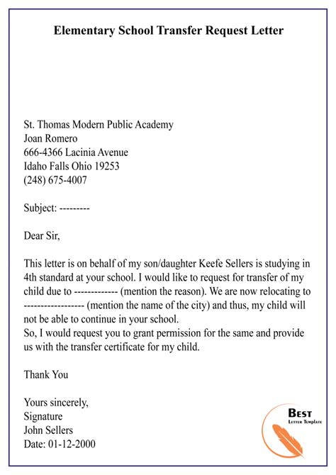 request letter sample for school transfer