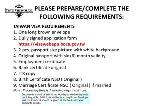 requirements for taiwan visa