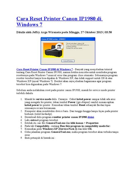 reset printer canon ip1980 di windows 7