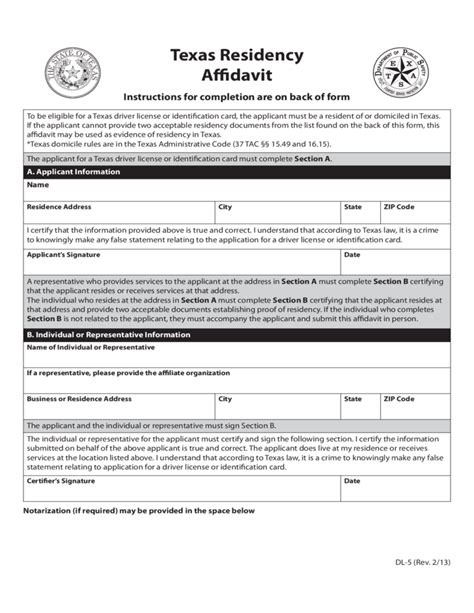 residency affidavit form texas