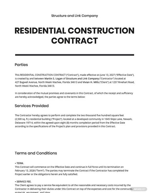 Sample Residential Construction Contract Template Addictionary