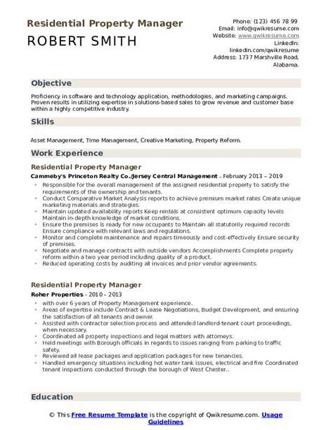 Residential Property Manager Resume Samples QwikResume
