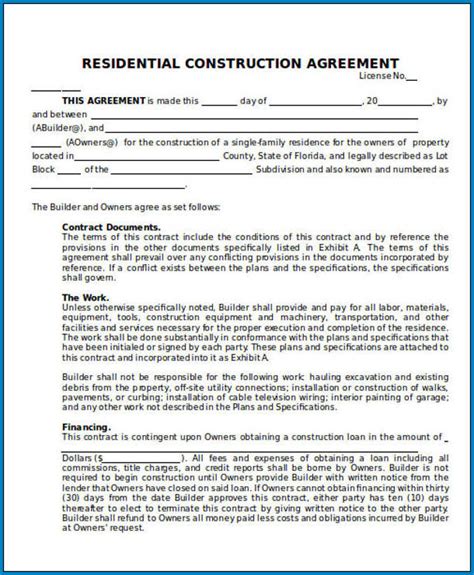 Sample Residential Construction Contract Template Addictionary