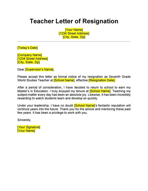 resignation letter examples for teachers