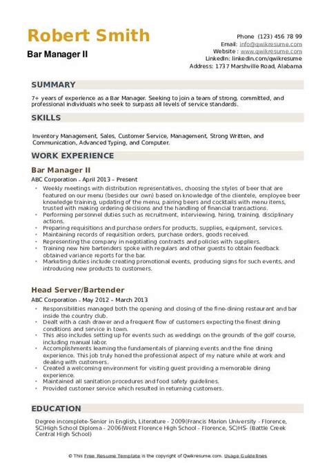 Bar Manager Job Description Resume Luxury Bar Manager Cv