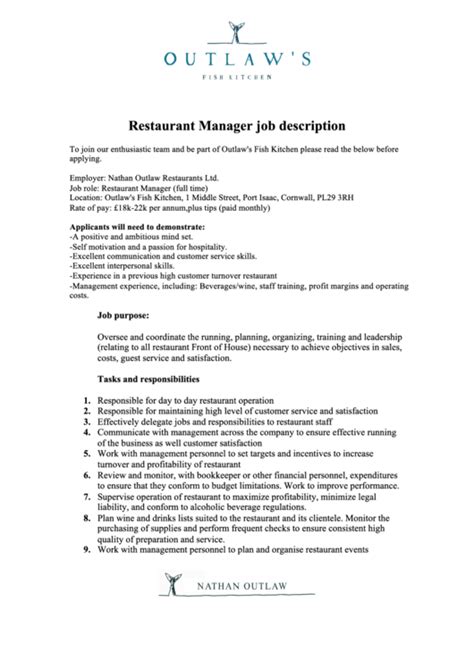 FREE 9+ Sample Restaurant Manager Job Description Templates in PDF MS