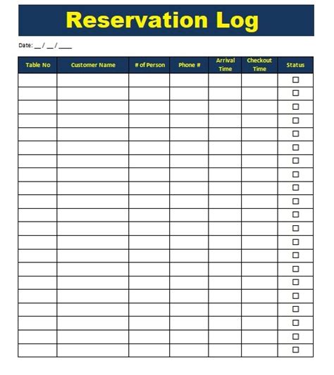 Restaurant Reservation Log Template Sample Templates Sample Templates
