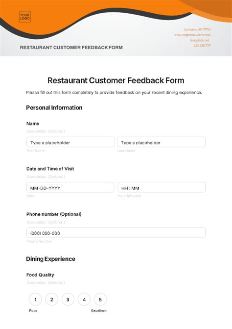 restaurant customer feedback form template