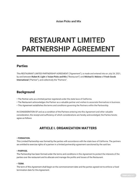 Restaurant Limited Partnership Agreement Template in MS Word, Pages