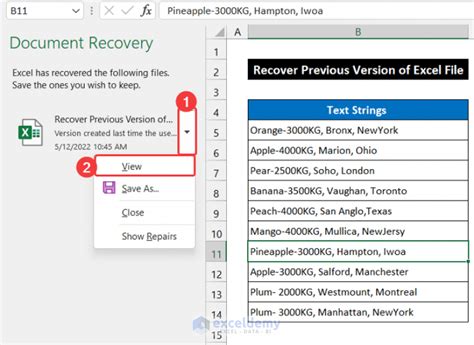 restore previous version of excel file windows 10