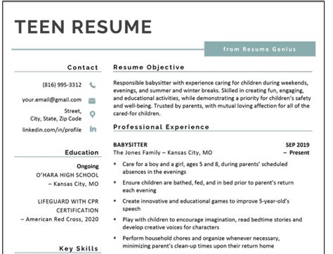 Free Resume Example for Teens Kickresume