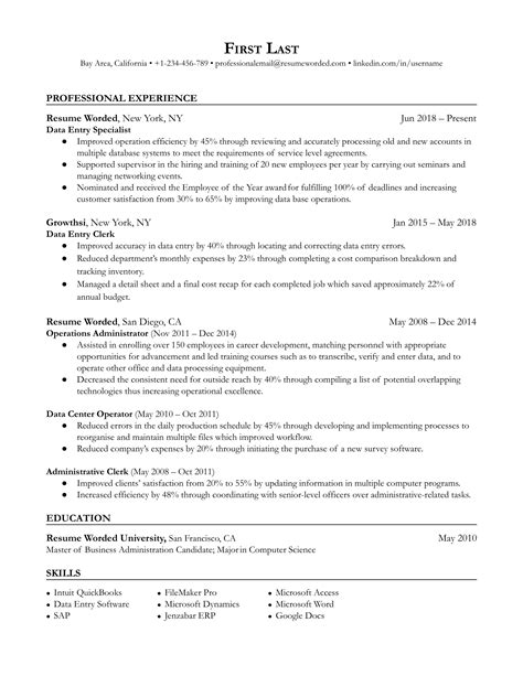 Data Entry Resume Template 13+ Free Word, Excel, PDF