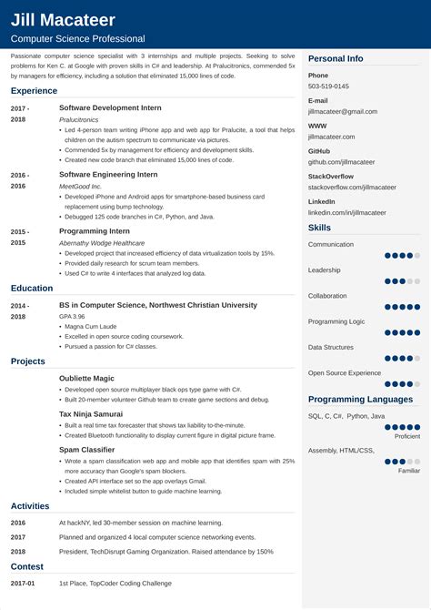 Resume For Computer Science Student Free Resume Templates