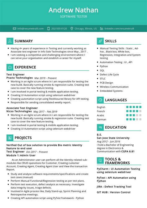 resume example for software tester