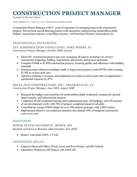 resume examples for construction project manager